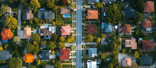 Aerial View of Residential Neighborhood with Lush Trees and Clear Streets Ideal for Urban Planning or Real Estate Marketing