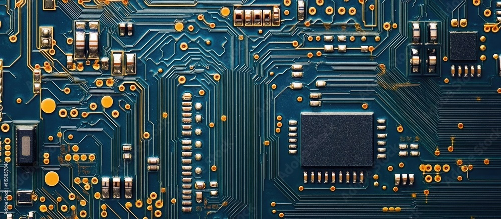 Poster abstract circuit board technology background with space for text in blue and gold color palette