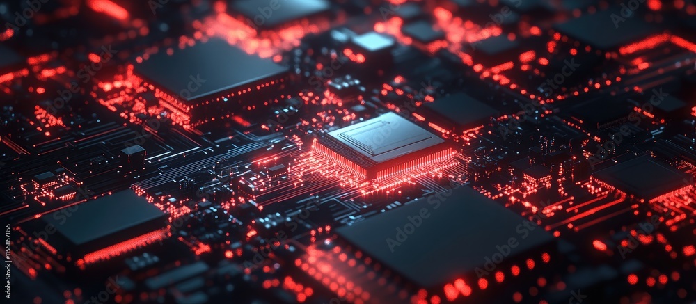 Poster abstract digital technology background featuring circuitry and microchips with red accents and copys