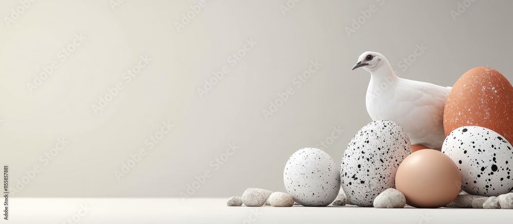 Poster easter themed background featuring quail and chicken eggs with space for text addition