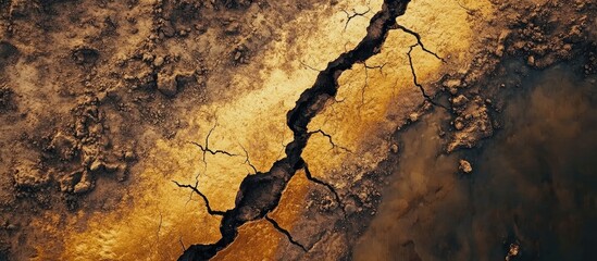 Aerial Perspective of Arid Landscape Featuring Cracked Earth and Dry Riverbed with Text Space for Climate Change Themes
