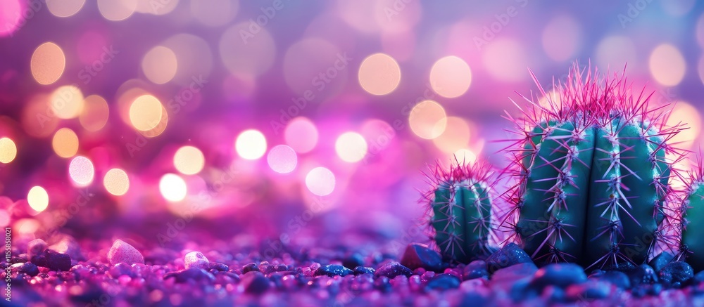 Poster vibrant abstract fantasy background in pink and purple with blurred bokeh lights and cacti creating 