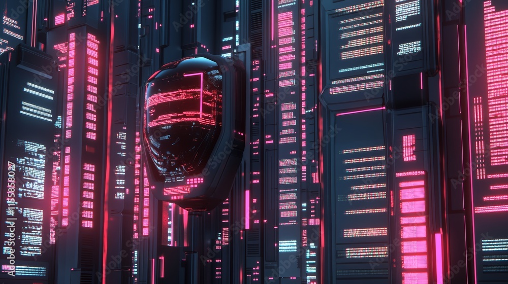 Poster a futuristic stock computer's side profile with glowing lines and data