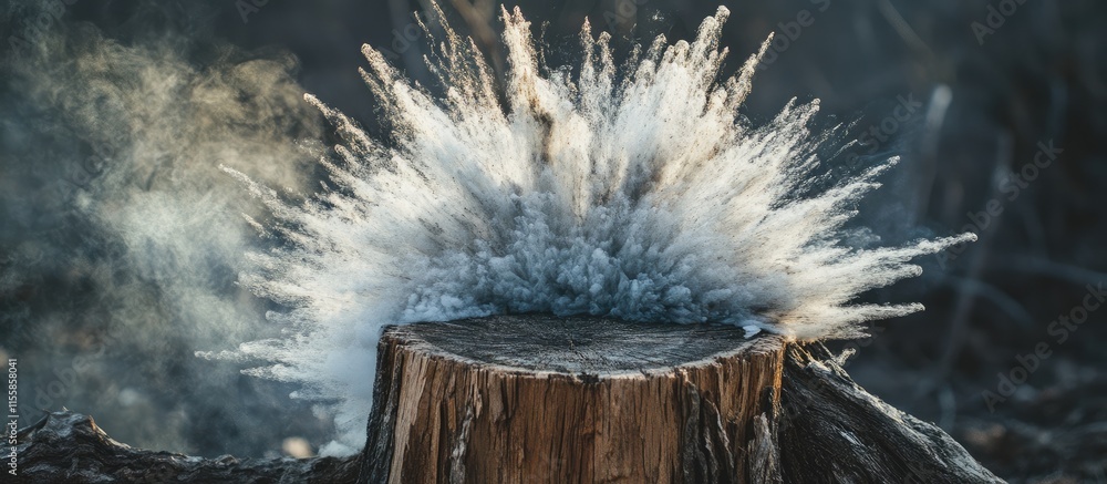 Poster abstract explosion effect on a weathered tree stump creating a surreal scene with ample empty space 