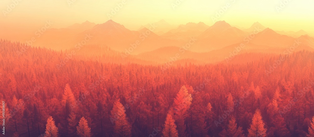 Poster aerial view of misty autumn forest and mountains during sunset with warm color palette and text spac