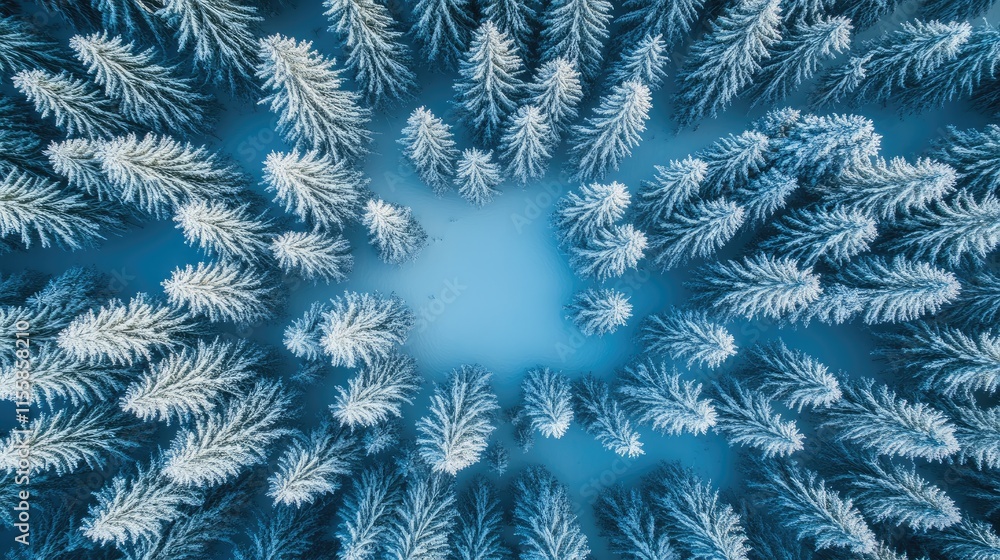 Poster aerial view of lush snowy pine forest in winter with open space for text or graphics placement