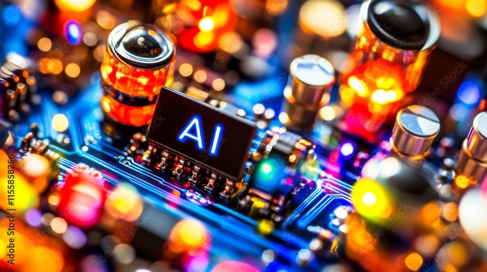 Poster close-up macro shot of a computer cpu motherboard featuring an ai-powered chip and semiconductor pro