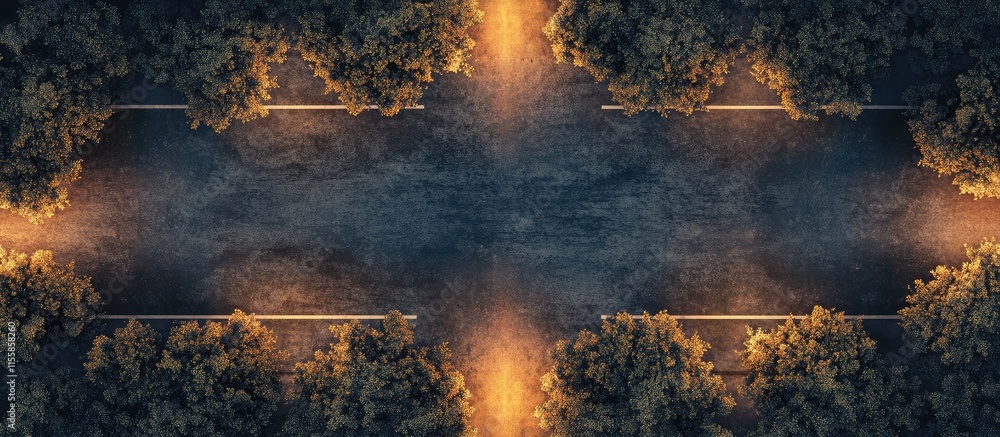 Poster aerial view of illuminated street intersection at night with clear space for text and surrounding tr
