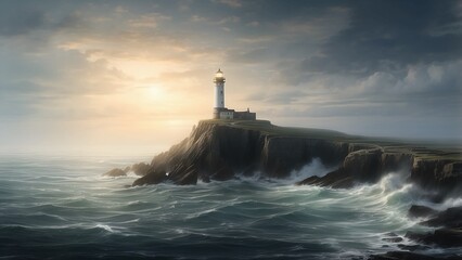 : A solitary lighthouse stands on a cliff, its light sweeping across the choppy sea