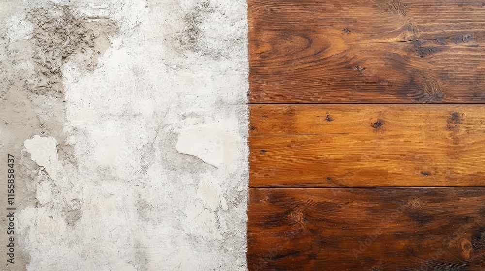Poster aerial view of textured wooden and cement surfaces with blank space for creative text placement or d
