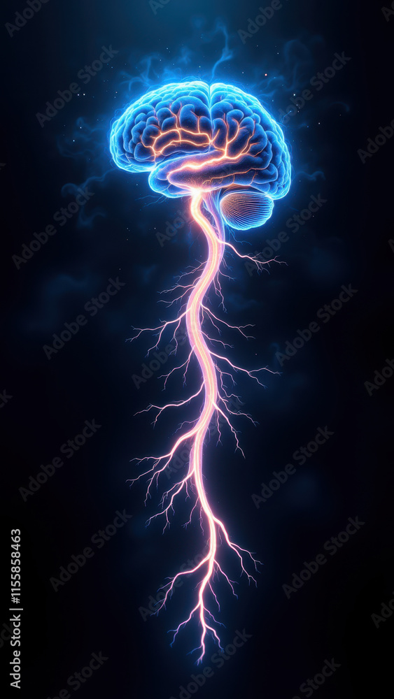 Poster an artistic rendering of a human brain with an electrical lightning strike emanating from its core, 