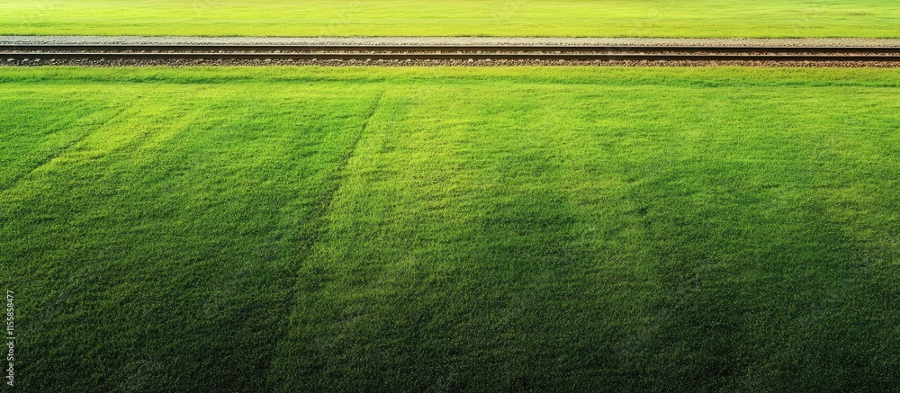 Poster aerial view of expansive green field with railway line showcasing natural landscape and space for gr