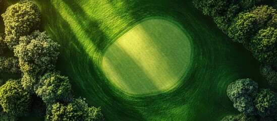 Aerial view of a lush green golf course surrounded by trees with ample empty space for text or branding in the foreground