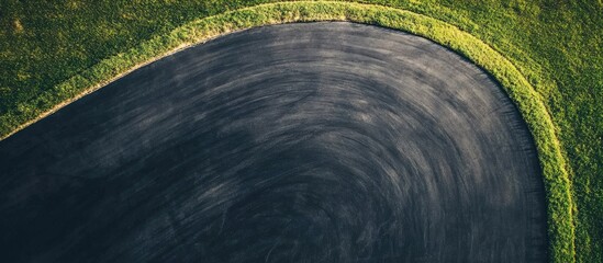 Aerial perspective of an empty asphalt race track Curved edge with surrounding green grass for promotional or creative use