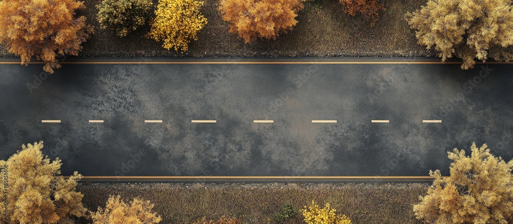 Aufkleber aerial view of a serene asphalt road bordered by vibrant autumn trees with clear space for text and 