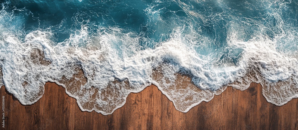 Poster aerial view of captivating ocean waves crashing on rocky coastline with space for text and natural t