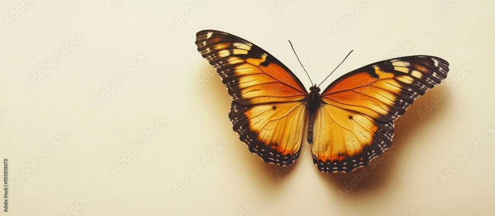 Poster aerial view of vibrant butterfly on soft pastel background with empty space for customizable text or
