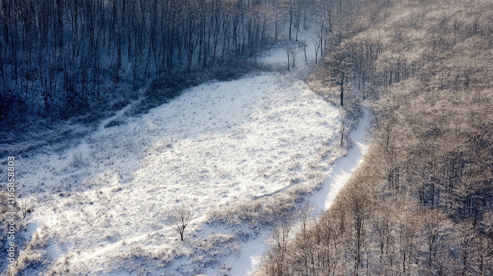 Poster aerial view of a serene winter forest blanketed in snow providing ample empty space for text or over