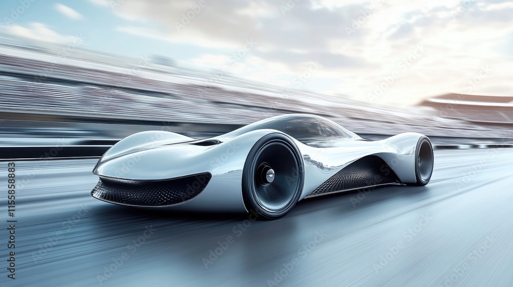 Poster futuristic aerodynamic concept car racing at high speed on a track with dynamic motion blur and spac