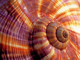 Close-up of a vibrant spiral seashell showcasing natural patterns and colors