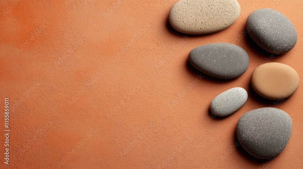 Poster warm colored pebbles on textured background for calming atmosphere ideal for relaxation and copyspac