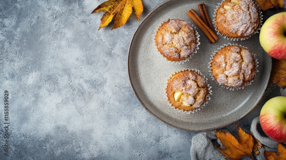 Poster autumn apple cinnamon muffins on a plate with fall leaves and empty space for text placement