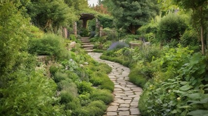  A stone path winds through a fragrant herb garden, its green plants lush and thriving 