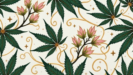 Refined cannabis leaves and buds with gold vines over textured cream; a chic, seamless botanical pattern blending elegance, nature, and modernity for versatile uses