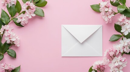 Elegant email newsletter banner design featuring a blank envelope surrounded by delicate floral arrangements on a soft pink background.