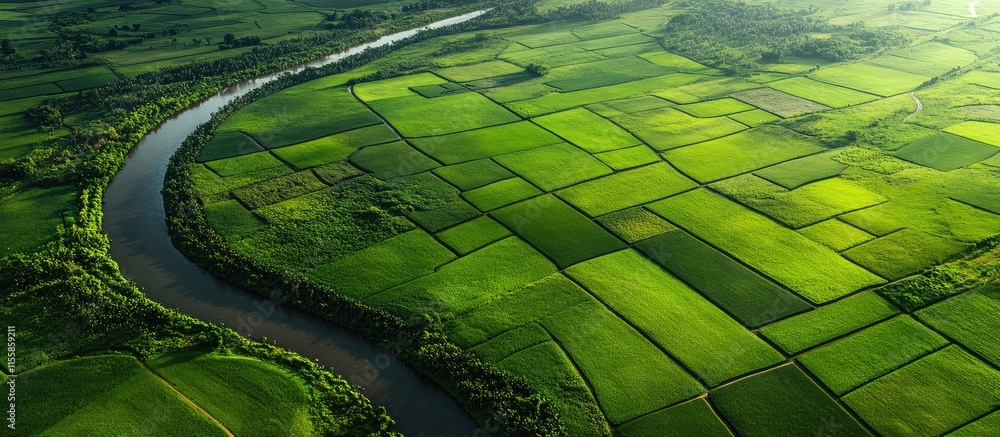 Poster aerial view of verdant valley featuring patchwork fields alongside a winding river with ample space 