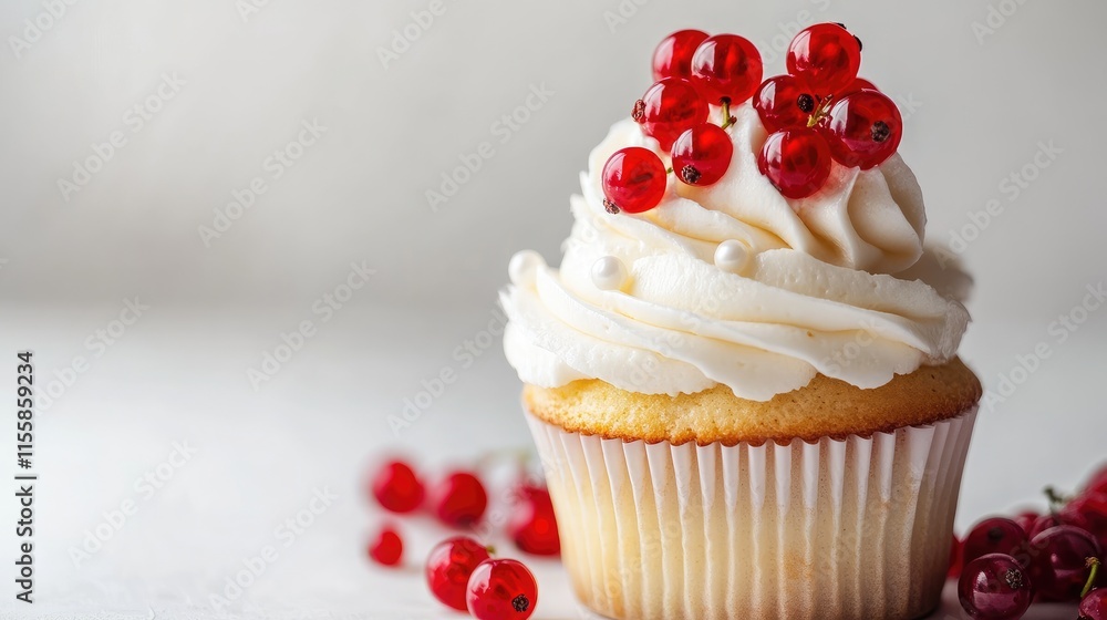 Poster delicious cupcake dessert with cream frosting and red currants on top against a light background for