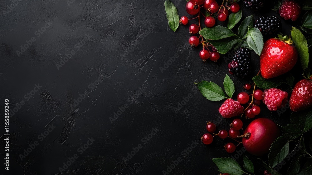 Poster aesthetic dark composition with various fruits and berries on a black background showcasing vibrant 