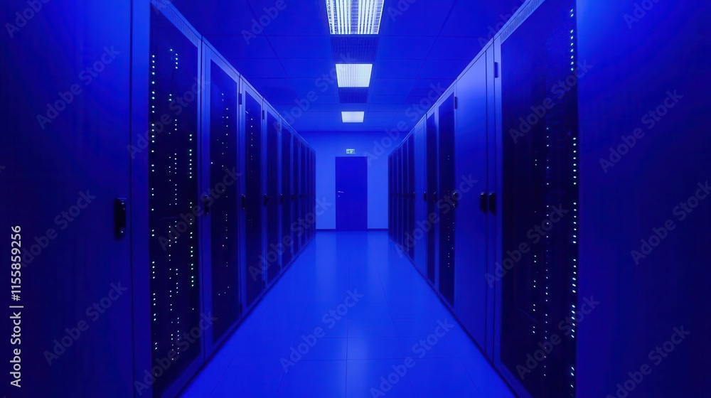 Poster futuristic data center interior with glowing server racks and network cables creating mysterious tec