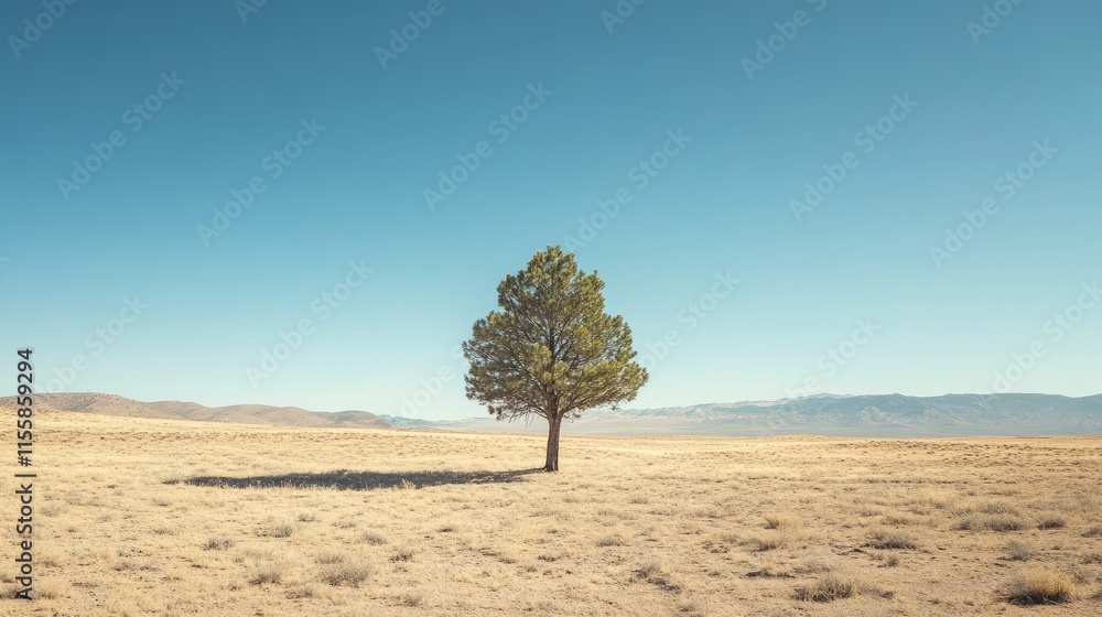 Poster serene desert landscape showcasing a lone pine tree against a clear sky with ample space for text pl