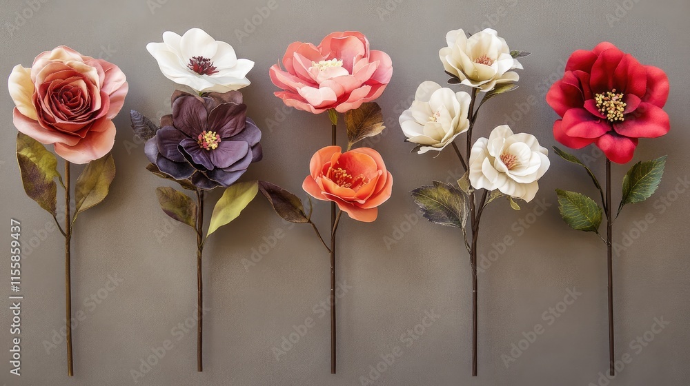 Poster assorted elegant artificial flowers on smooth background for creative design use