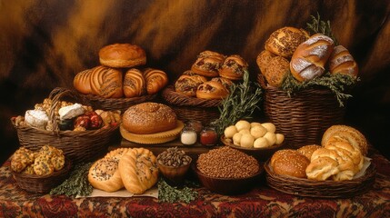 Assorted Freshly Baked Goods Displayed on Rustic Table with Baskets and Seeds in Cozy Bakery Environment