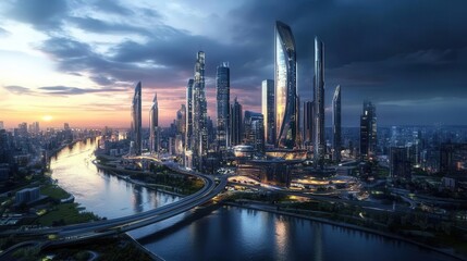 Naklejka premium futuristic megalopolis cityscape at dusk with illuminated skyscrapers along winding river, advanced architecture under dramatic cloudy sky