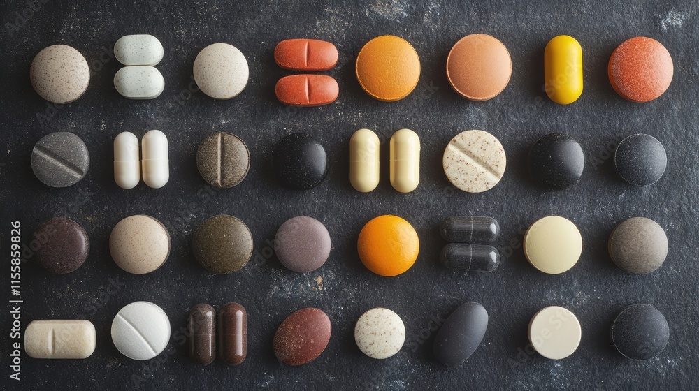Poster diverse selection of colorful pills and capsules displayed on dark background
