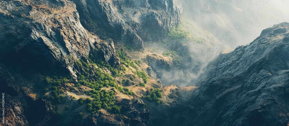 Poster aerial view of a dramatic mountainous terrain showcasing rocky cliffs and sparse greenery with ample