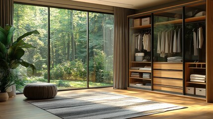 Modern walk-in closet with forest view.