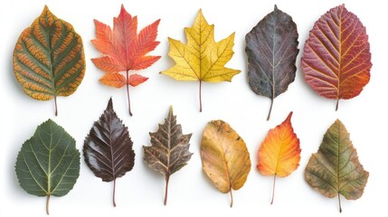 Obraz premium Assorted colorful autumn leaves displayed artistically against a clean white background showcasing fall's natural beauty and diversity.