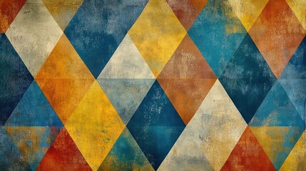 geometric abstract design modern triangle pattern wallpaper in vintage color palette of blue, yellow, orange and brown with digital art techniques
