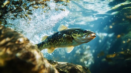 Obraz premium giant spotted bass breaking through crystal clear mountain stream surface, dramatic action shot with water droplets and morning sunlight