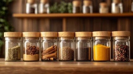 Assorted aromatic spices in glass jars arranged on a rustic wooden countertop with a blurred background of a cozy kitchen setting