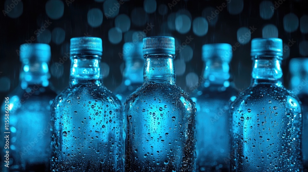Poster assorted glass bottles with aqua blue water droplets against a dark background creating a refreshing