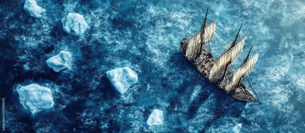 Poster aerial view of a ship maneuvering through icebergs in the ocean creating a serene and adventurous se