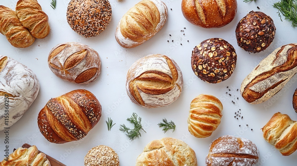 Poster assorted artisan breads on a white background showcasing diverse shapes and textures for culinary an