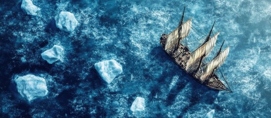 Aerial view of a ship maneuvering through icebergs in the ocean creating a serene and adventurous seascape with space for your text.