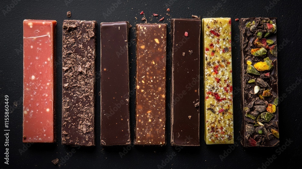 Poster assorted gourmet chocolate bars arranged in a row on a dark background showcasing various textures a