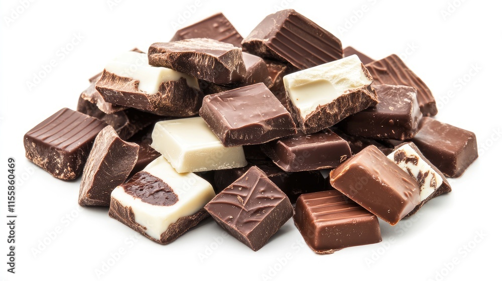 Poster assorted chocolate squares with diverse fillings arranged in a tantalizing pile on a white backgroun